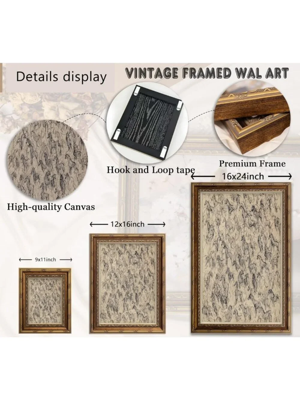 Vintage Gold Framed Horse Sketch Wall Art, Rustic Equestrian Canvas Print Decor